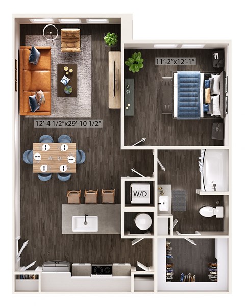 Floor plan for 1 bed, 1 bath, 799 sqft